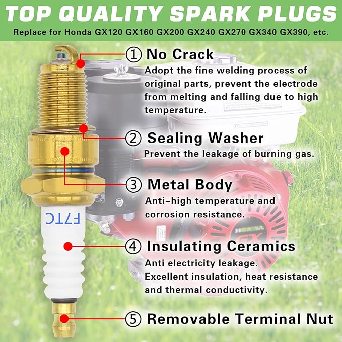 4pcs F7TC Spark Plugs GX120 GX160 GX200 GX240 GX270 GX340 GX390 Sparkplugs with Wrench for 4-Stroke Engine Generator Lawnmower Chainsaw Tractor Water Pump Rototiller Go Kart Mini Bike