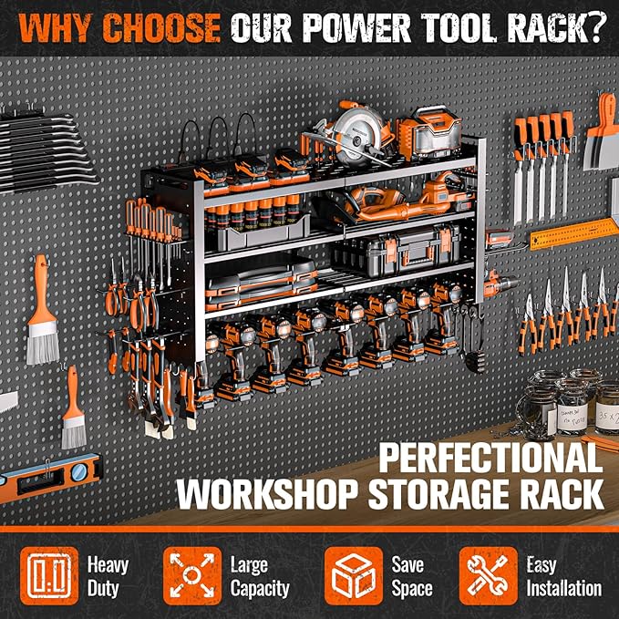 Heavy Duty Power Tool Organizer Wall Mount with Charging Station, Large Garage Organization with 10 cordless Drill Holder, 4 Layers Tool Organizers and Storage, Tool Rack with 6 Power Strip, Black