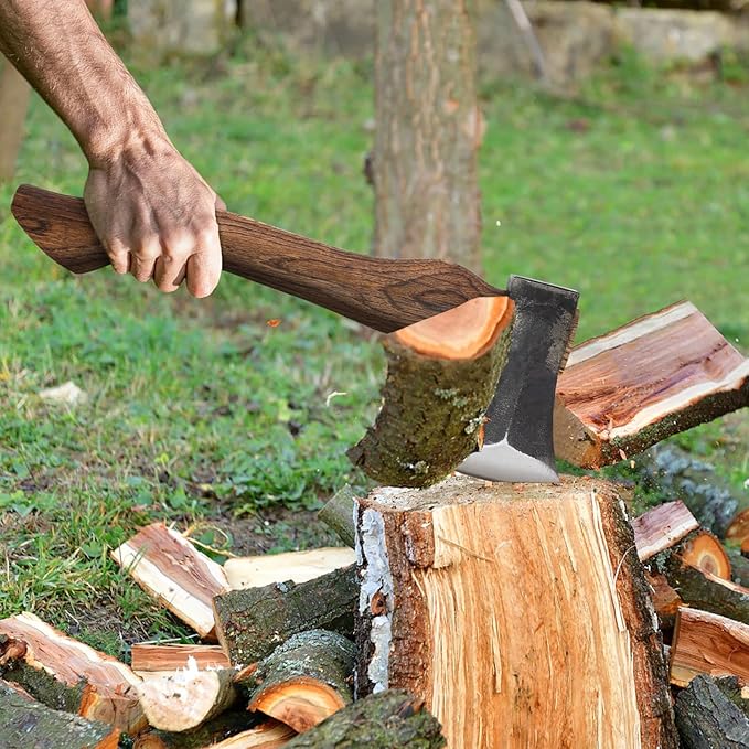 15.3" Hatchet, Splitting Axe with 1065 High Carbon Steel, Camping Hatchet with Beech Wooden Handle and Leather Sheath, Chopping Axe for Wood Splitting and Kindling