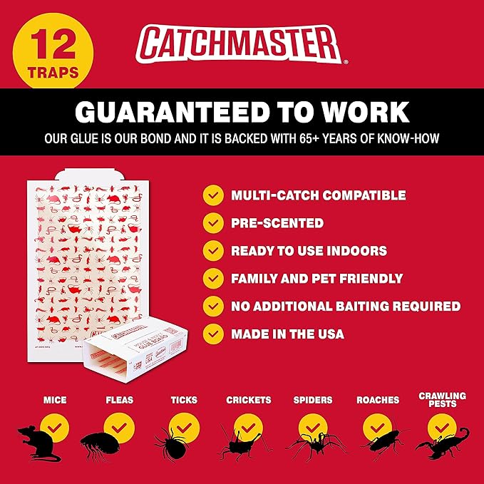 Catchmaster Mouse & Insect Glue Boards 12-Pk, Mouse Traps Indoor for Home, Bulk Glue Traps for Mice and Rats, Adhesive Boards for Inside House, Snake, Lizard, & Spider Catcher, Pet Safe Pest Control
