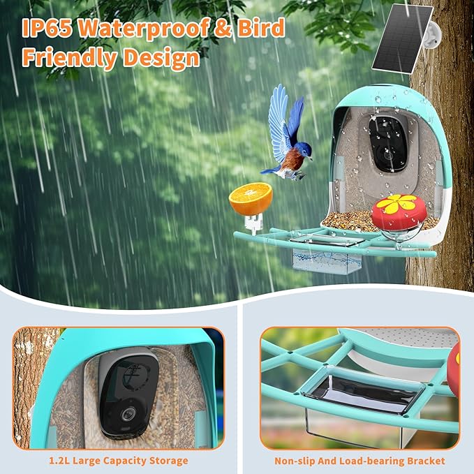 2025 New Smart Bird Feeder with Camera, 2.4GHz WiFi Solar Bird Feeder - 2K HD Live Video Camera AI Identify Birds, Instant Arrival Alerts, Birds Lover Gifts