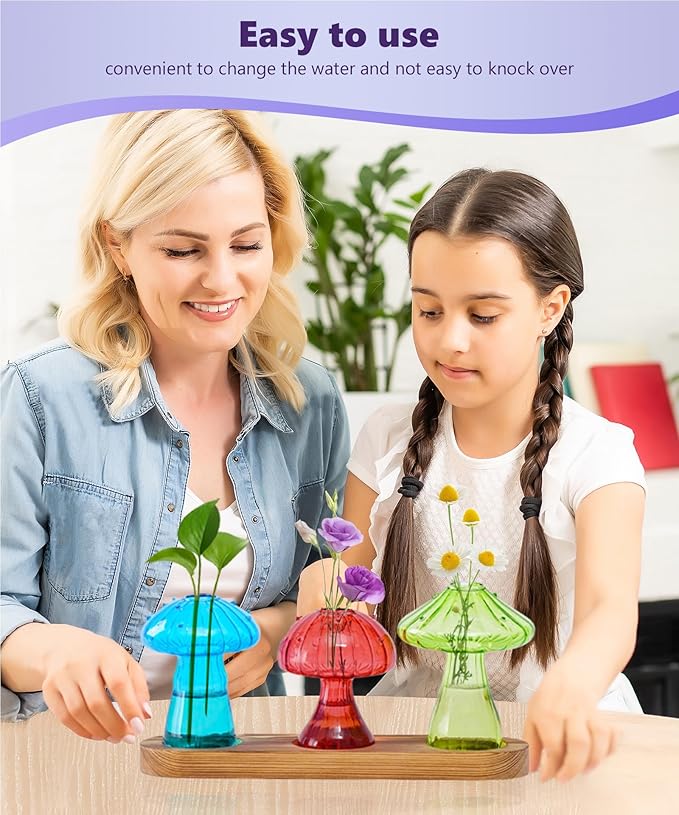 Nacome Mushroom Glass Propagation Station for Plants: Set of 3 Colored Vases Terrarium Kit for Home Office Indoor Hydroponics Decor - Birthday Gifts for Women Mom Grandma