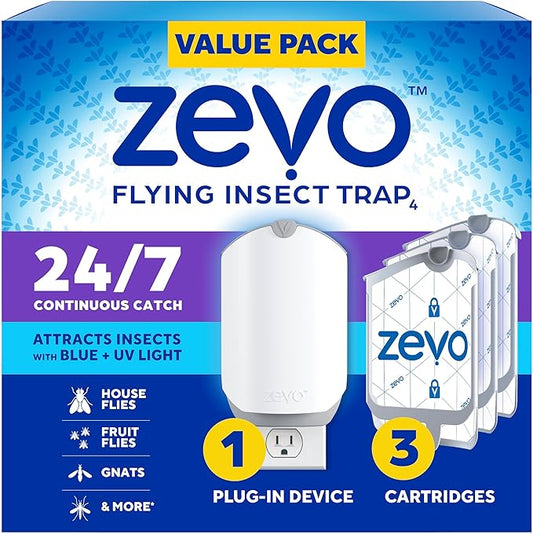 Zevo Flying Insect Trap & 3 Refill Cartridges - Plug in Fly Trap & Indoor Bug Catcher for Gnats, House & Fruit Flies - Blue & UV Light Technology, Mess-Free Alternative to Bug Zapper