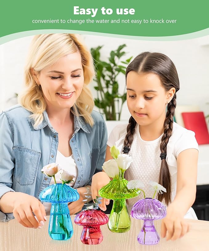 Nacome Mushroom Glass Propagation Station for Plants: Set of 4 Colored Vases Terrarium Kit for Home Office Indoor Hydroponics Decor - Birthday Gifts for Women Mom Grandma