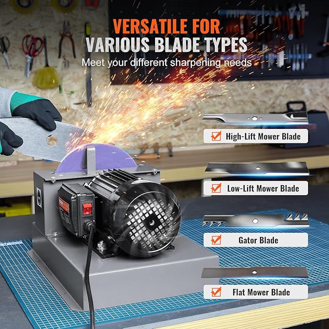 VEVOR Lawn Mower Blade Sharpener, 1HP 750W Lawnmower Blade Grinder with 9-inch Ceramic Grinding Wheel, Powerful Bench Mower Sharpening Machine for High/Low Lift Blades, Gator Blades, Flat Blades