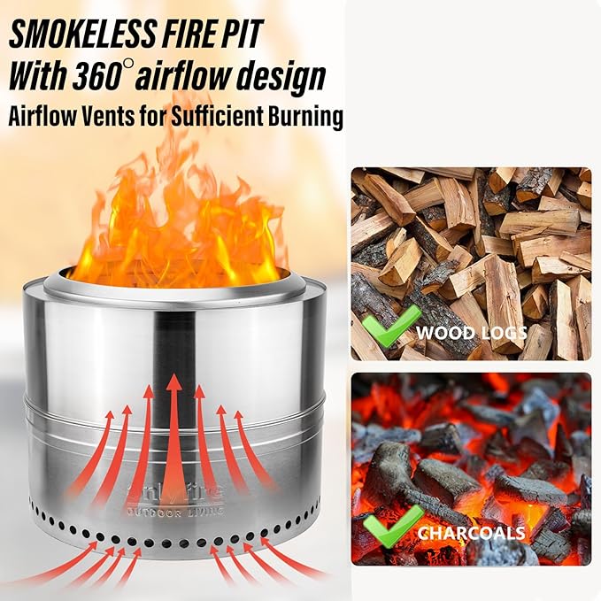 Onlyfire Smokeless Fire Pit with Carrying Bag, 20” Portable Outdoor Fire Pit for Camping Tailgating Patio Backyard Bonfire Party, 360°Air Flow Wood Burning Fireplace, Stainless Steel