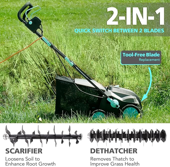 16-Inch 15-Amp 2-in-1 Electric Dethatcher and Lawn Scarifier with 14.5-Gallon Collection Bag, 5-Position Depth Adjustment, Lawn Care Machine for Thatch Removal and Grass Revitalization - XSS16D