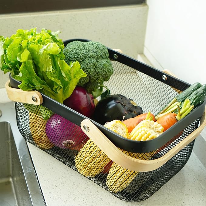 Metal Mesh Steel Harvest Basket, Rectangle Wire Garden Basket with Handle – Multi-Functional Storage Organizer for Gathering Vegetables, Fruits, Kitchen, Garden, Picnic & Cabinet (Ebony)