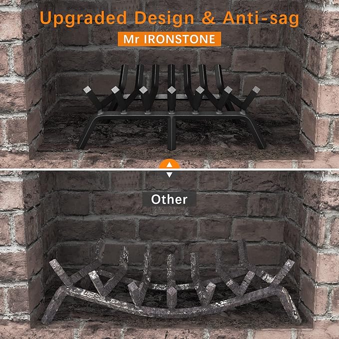 Mr IRONSTONE Fireplace Grate 24 inch Solid Steel Heavy Duty Firewood Log Burning Rack Fire Grates for Outdoor Kindling Tools Pit Indoor Fireplace Log Holder Wrought Iron Wood Stove