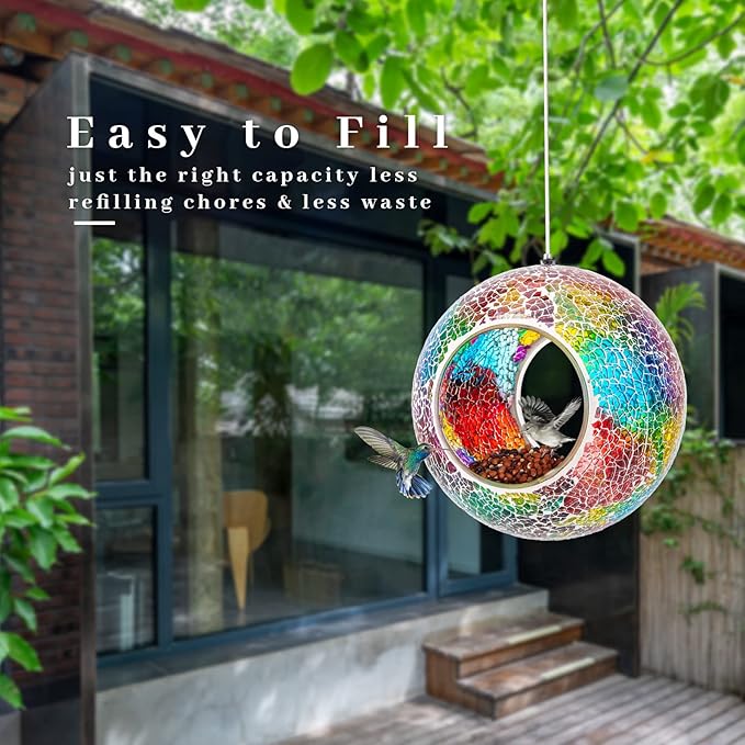 VCUTEKA Bird Feeder Mosaic Fly Through Bird Feeders for Outside Hanging with Round Shape Glass Container to Attract More Wild Birds for Garden, Yard, Backyard, Deck and Porch Decor, Purple 7-Inch