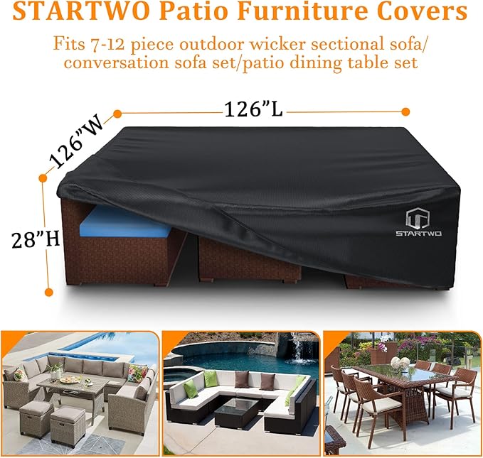 STARTWO Patio Furniture Covers Waterproof, Heavy Duty 7-12 Seats Large Outdoor Furniture Cover for Sectional Sofa,Table Chairs, 126"x126"x28", Black