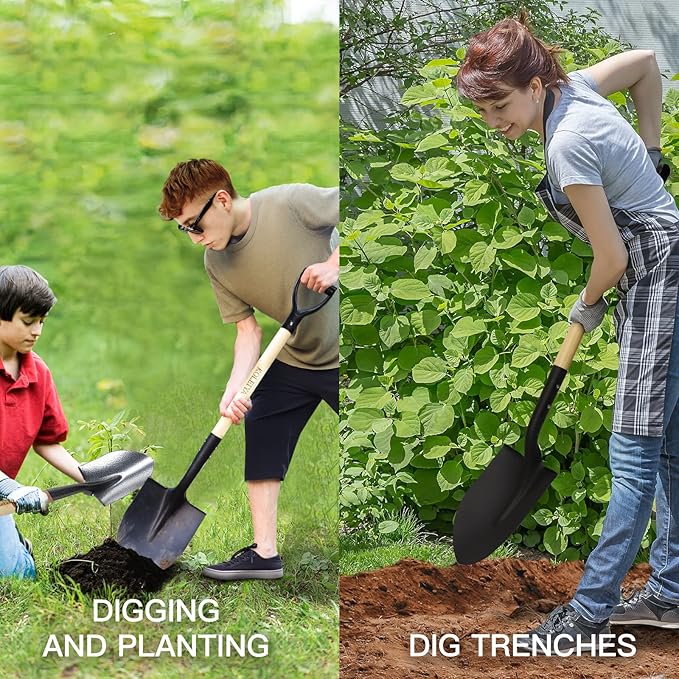 41 Inch Round Point Shovel for Digging,Heavy Duty Garden Shovel with D-Handle,Wooden Handle,Ideal for Gardening,Landscaping,Beach,and Snow Removal