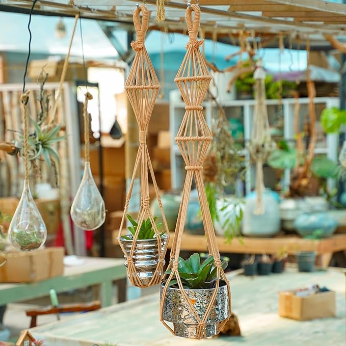 2Pcs Macrame Plant Hangers Indoor Macrame Hanging Planters Large for up to 10 inch Pot No Tassels Long Crochet Boho Plant Hanger Holder for Indoor Outdoor Plants Different Size 35”/39" (Caramel)