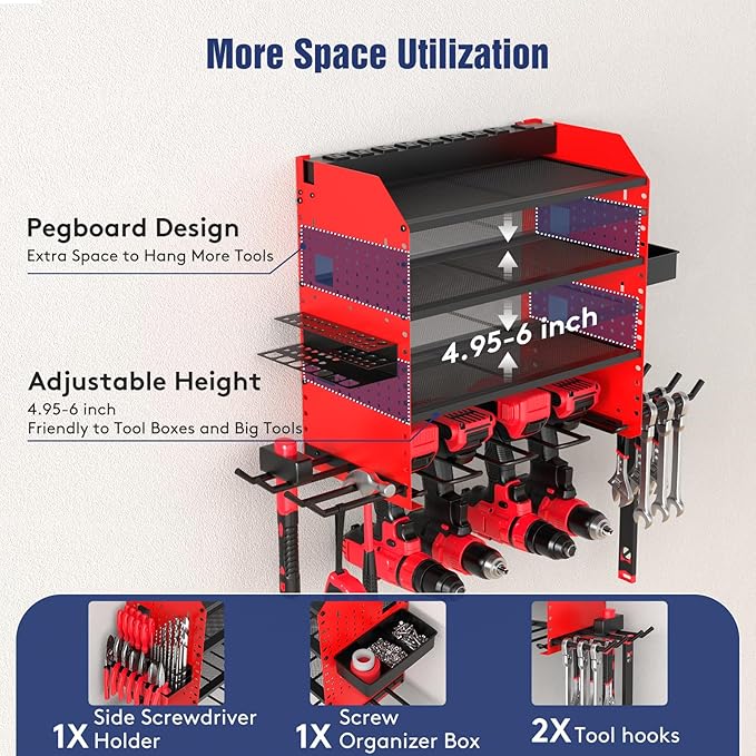 Heavy Duty Power Tool Organizer Wall Mount with Charging Station, 4 Layer Garage Storage Adjustable Shelves Height, Holds 4 Drills, 2 Hooks, Screw & Screwdriver box, Gifts for Fathers Day, Anniversary