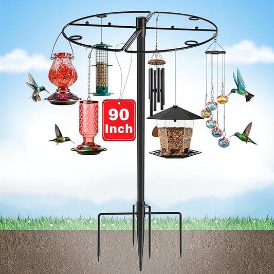 Bird Feeder Pole Stand - 90 Inch Bird Feeding Station with Semicircular Hook for Outdoors, 22 Hanging Areas for Suet Feeders, Plant Baskets, Lanterns, Wind Chime, Slip-Fit Connection