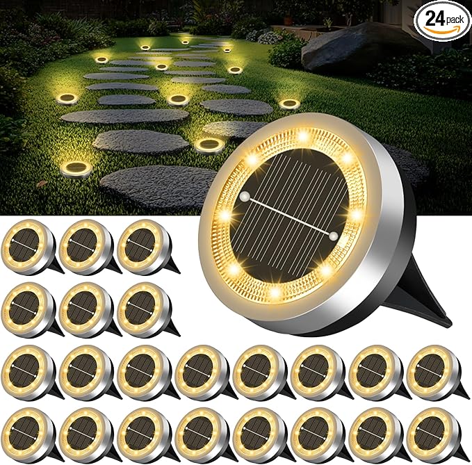 Mini Solar Ground Lights Outdoor 24 Pack Waterproof Upgraded Anti-Rust Solar Flat Garden Lights Stainless Steel Solor Powered Disc Landscape Light for Pathway Walkway Yard Lawn Patio-Warm White