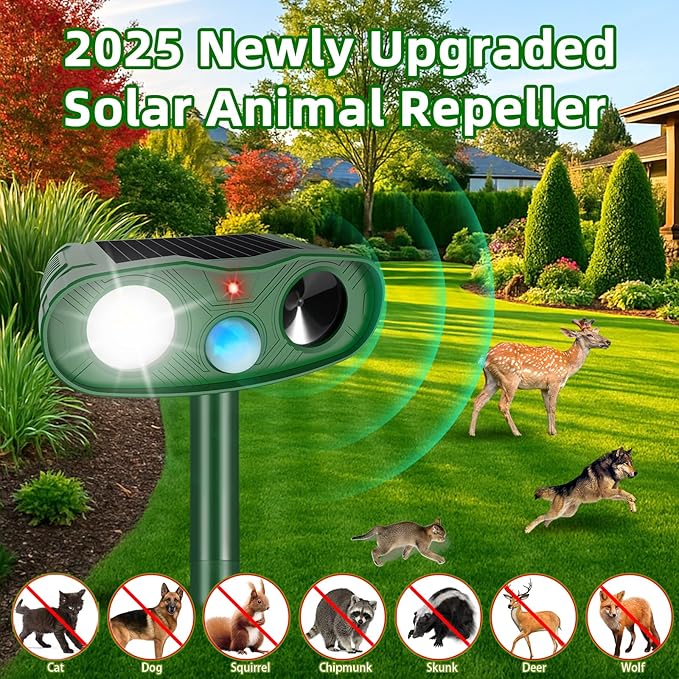 2025 Racoon Squirrel Sonic Fortress Pro Rabbit Repellent Outdoor, Solar Ultrasonic Animal Repeller Deer Deterrent with Motion Sensor&Flash Light to Scare Cat Dog Skunk Out of Garden Farm Yard(4Pack)