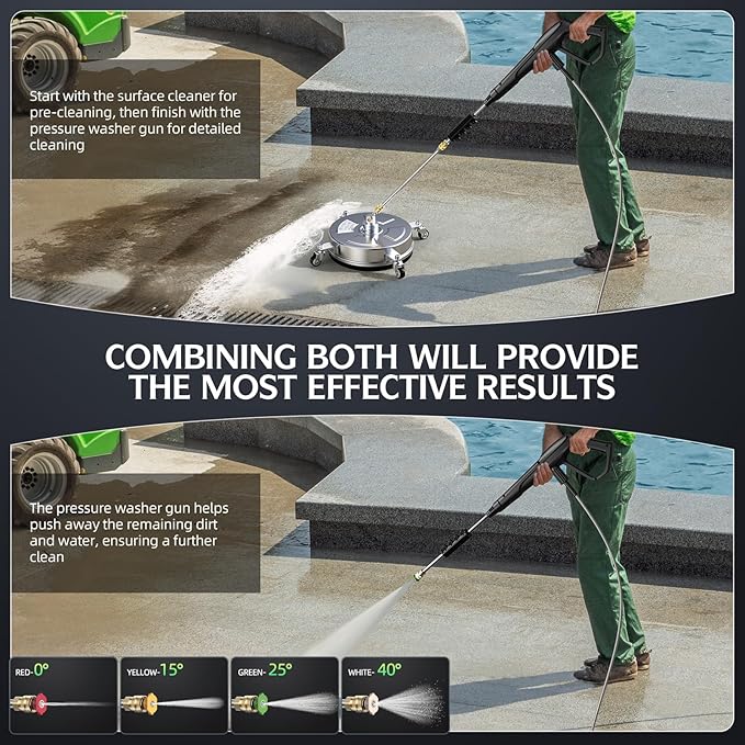14" Pressure Washer Surface Cleaner 4500 PSI with 304 Industrial-grade Stainless Steel Housing,1/4” Quick Plug, 4 Universal Wheels, 2 x 15" Extended Wands, 2 Replacement Nozzles, 4 Spray Nozzle Tips