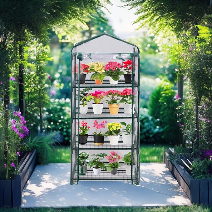 Mini Greenhouse for Indoor Outdoor, Plant Green House 4-Tier Rack Stand Portable Greenhouses with Durable PVC Cover for Seedling, 2.5x1.6x5.2 FT,Ideal Gardening Gifts for Women Men(PLGH704P)