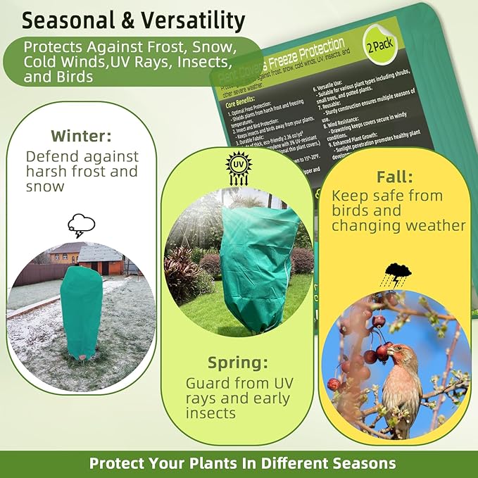 2 Pack Plant Covers Freeze Protection, 40"W x 45"H Winter Frost Blanket 2.36 oz/yd² Fabric Frost Cloth Tree Covers Shrub Jacket Bag with Zipper & Drawstring for Plants Fruit Tree Shrub Potted - Green