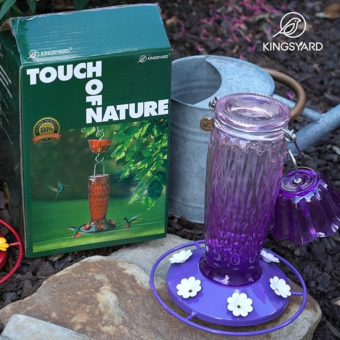 Kingsyard Hummingbird Feeders for Outdoors Hanging, 24 Ounce, Glass Hummingbird Feeder with Ant Moat & 6 Bee Guard Feeding Ports, Leak-Proof, Pink & Purple