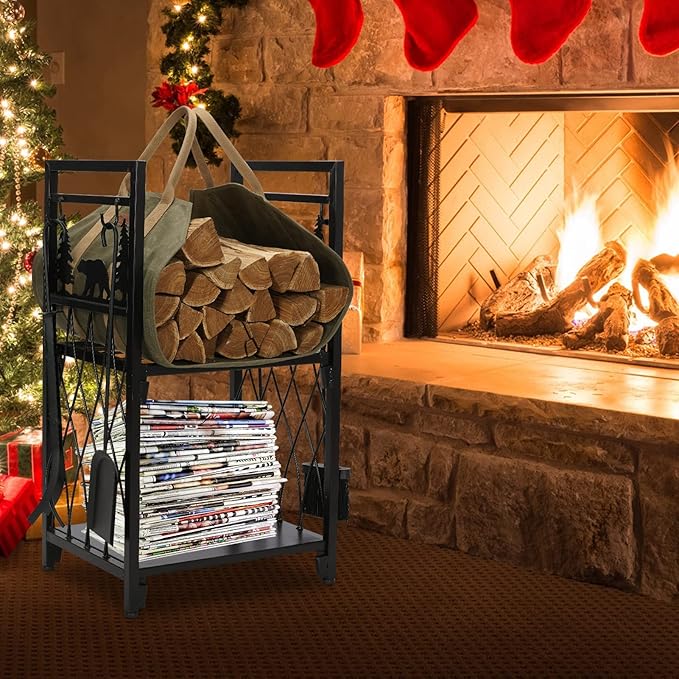 Sturdy Waxed Canvas Firewood Log Carrier, Durable Firepalce Wood Bag with Reinforce Duty Straps Green