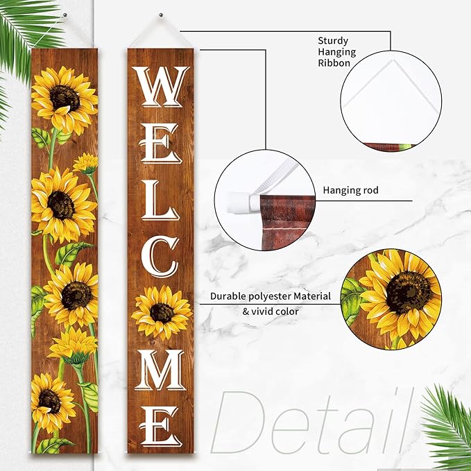 Tatuo Sunflower Welcome Hanging Banners Fall Porch Banners Flags Autumn Door Banner Thanksgiving Hanging Banner for Front Door Garden Home Yard Sunflower Party Decorations(Wood Background)