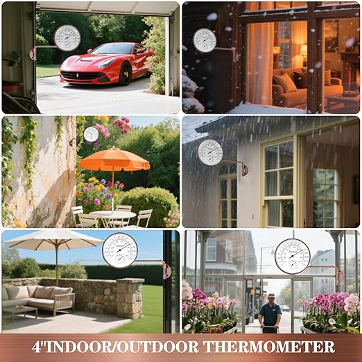 Outdoor Thermometer - Weatherproof & Decorative Outside Temperature Gauge for Window, Greenhouse Accessories and Patio (Easy-Read Brass Swivel Design) (4inch with Longer arm)