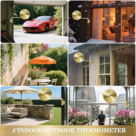 Outdoor Thermometer - Weatherproof & Decorative Outside Temperature Gauge for Window, Greenhouse Accessories and Patio (Easy-Read Brass Swivel Design) (4inch Golden case+ Golden Color)