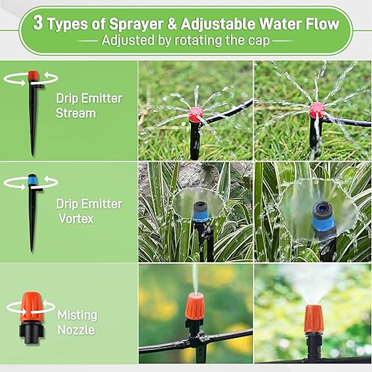 59FT Drip Irrigation System Kit, Garden Watering System with 1/2" 1/4" Tube Hose Adjustable Nozzle Barbed Fittings, Micro Misting Sprinkler System for Plant Lawns Raised Beds Greenhouses