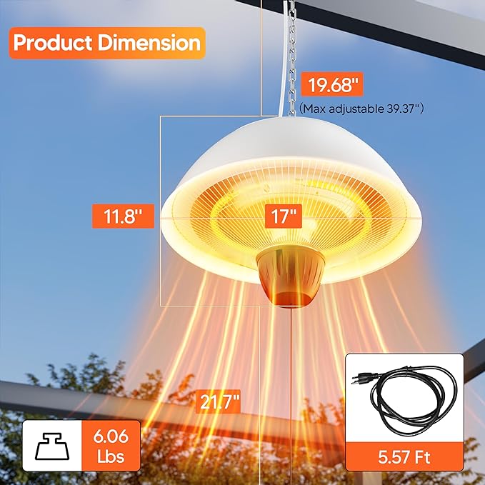Electric Outdoor Heater, 1500W Outdoor Hanging Heater, Ceiling Mounted Infrared Patio Heater for Outdoor Use, Waterproof Electric Heater for Porch, Balcony, Garage, Adjustable Height, White