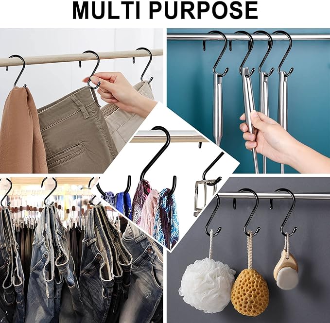 24 Pack Heavy Duty S Hooks, Non Slip Rubber Coated, 7mm Thick Metal Black S Hooks for Hanging Plants, Closet, Bird Feeders, Kitchen, Large Objects, Tools, Bikes