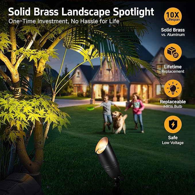 Spot Light Brass - Outdoor Landscape Spotlights LED, 12V Low Voltage Landscaping Uplights, Hard-Wired All Weather Black for Backyard Lawn with Cold White Changeable Bulbs (8 Pack)