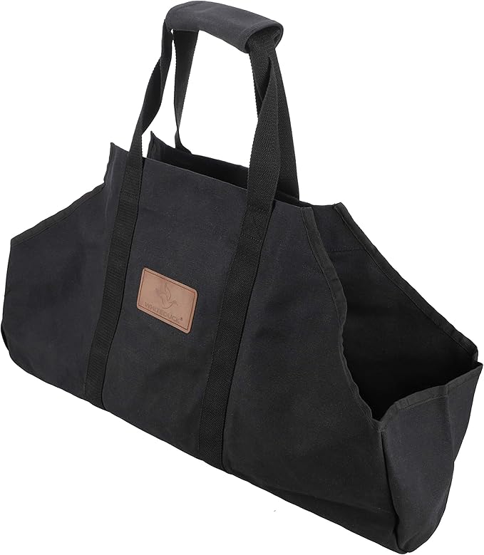 WHITEDUCK TUFF Large Firewood Carrier 21 Oz. Heavy Duty Waxed Canvas Log Carrier Holder for Fireplace, Carrying Wood Indoor & Outdoor (Black, Boat Shape (26"x17"x9"))