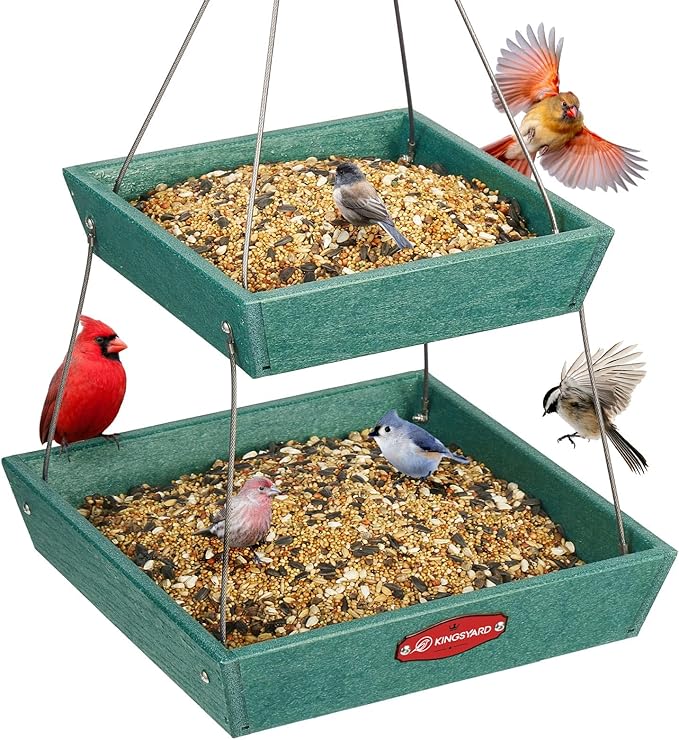 Kingsyard 2 Tier Platform Bird Feeder for Outdoors Hanging, Recycled Plastic Flat Bird Feeder Tray with Large Capacity 5 lbs, Garden Decoration Attracting Wildbirds, Green