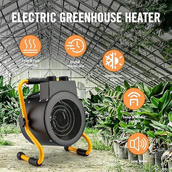 Greenhouse Heater with Digital Thermostat, Green House Heater for Plants,1500W Electric Grow Tent Heaters, Overheat Protection, Fast Heating for Green House, Flower Room, Black