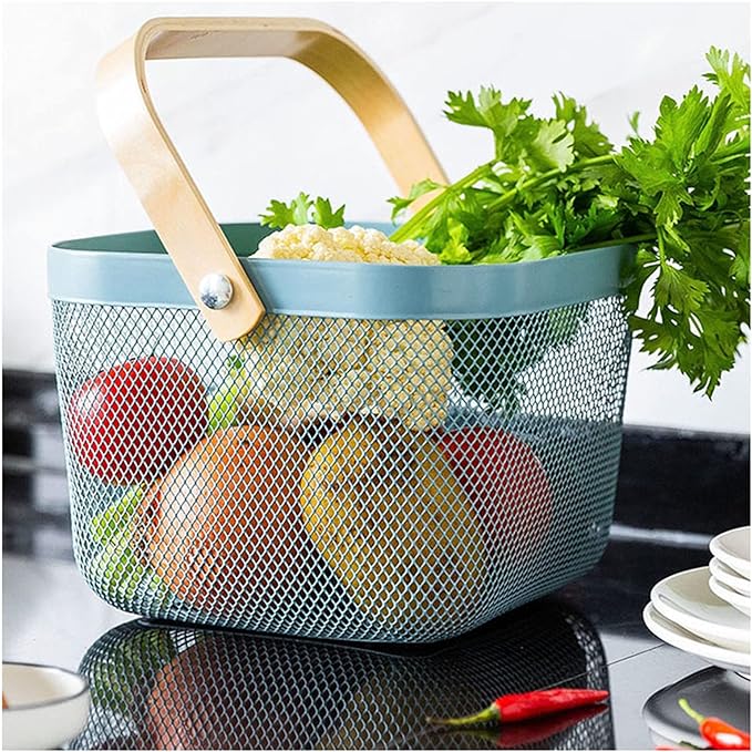 Metal Mesh Steel Basket, Storage Organizer Basket Multi-functional Hanging Kitchen Baskets Fruit Basket Bin with Bamboo Handle for Kitchen Bathroom Picnic Shopping Decor Cabinet Home, Blue