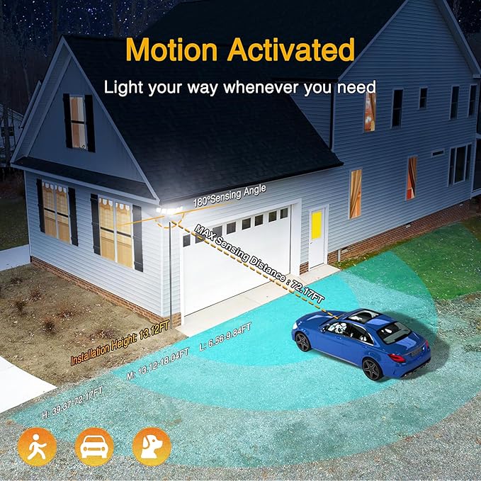 Onforu 55W Smart LED Security Lights Motion Sensor Outdoor 5 Heads, 340° Illumination WiFi Alexa Flood Light 5500LM APP Control, 2500K-6500K Exterior Motion Detector, IP65 Wall Light for Yard, Balck