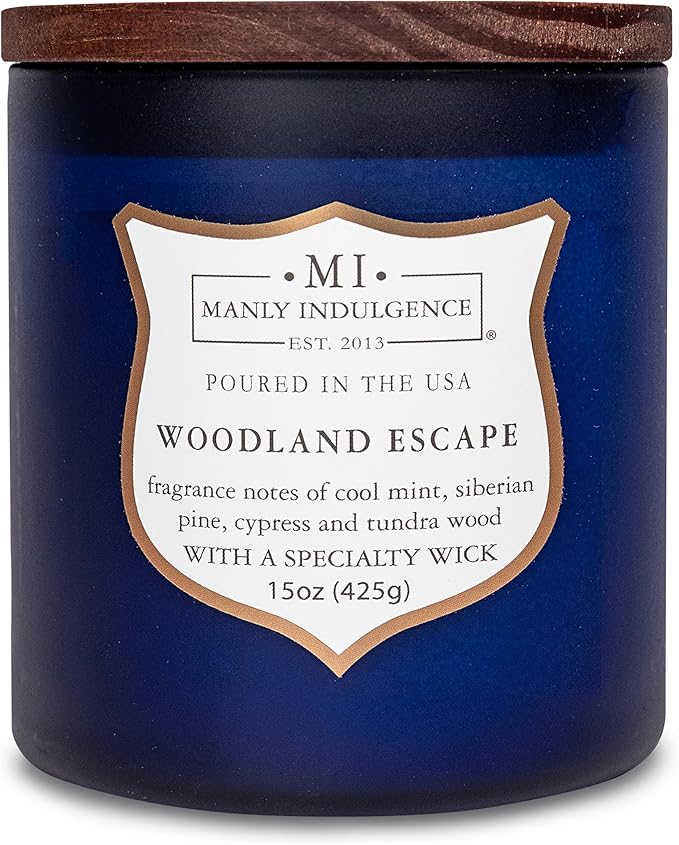 Manly Indulgence Woodland Escape Scented Candles for Men, 15 oz Wooden Wick, Premium Soy Blend Wax, 60H Burn, Candles for Home Scented - Made in The USA