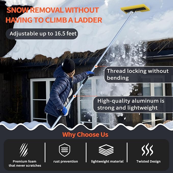 Never-Scratch SnowBuster | 12-Foot Snow Roof Rake | EVA Soft Foam Pad Snow Removal Tool | Adjustable Shovel Scratch Free | S-Shaped Push/Pull Design for House Roof, Solar Panels, Car Snow, and Leaves