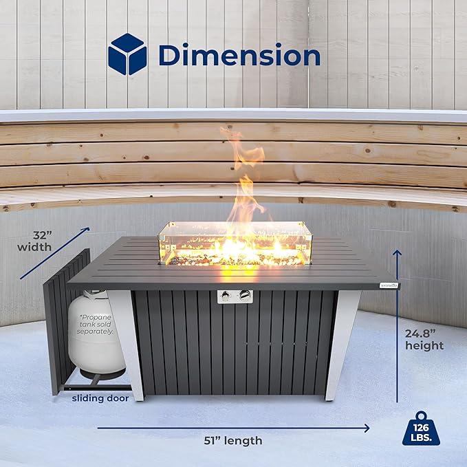 Outdoor Propane Fire Pit Table - CSA/ETL Certified 50,000 BTU Pulse Ignition Weatherproof Rectangle Propane Gas Fire Table w/Adjustable Flame - Glass Wind Guard, Glass Rocks - SereneLife SLNFLGA5