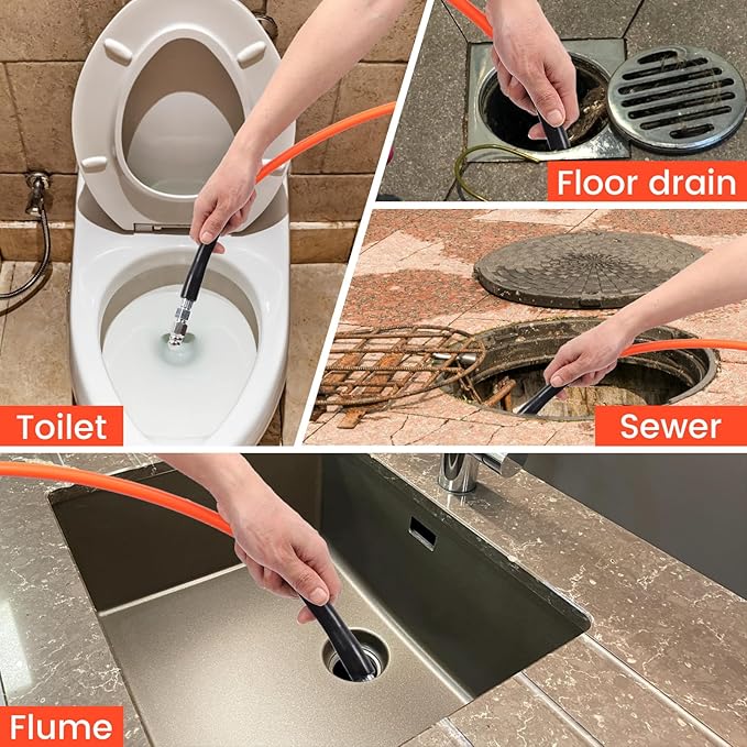 100FT Pressure Washer Sewer Jetter Kit, 5800 PSI Water Jet Drain Cleaner Hose with Corner Rotating Button Nose Nozzle, Sewer Jetting Nozzles Kit with Spanner Handle Strap