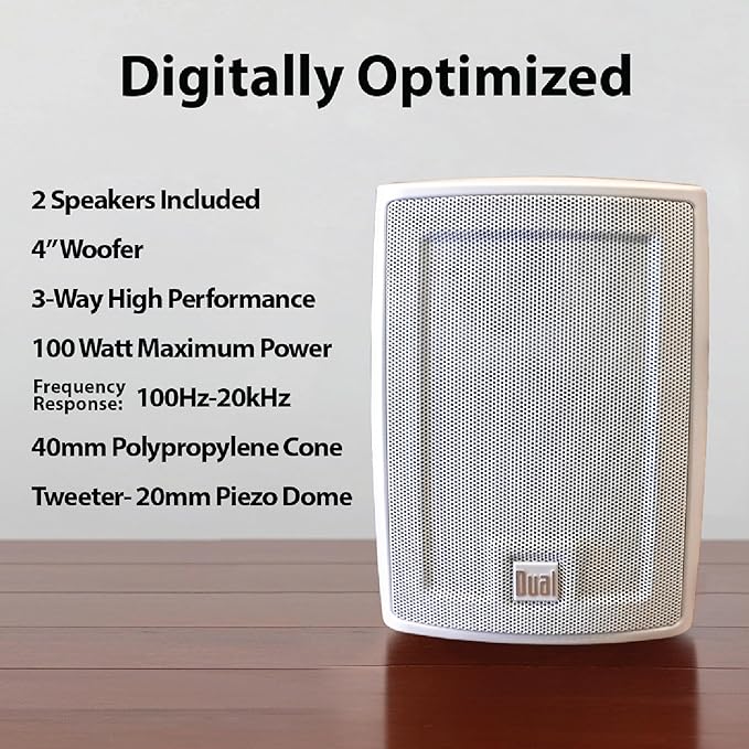 Dual Electronics LU43PW 4" 3-Way High Performance Outdoor Indoor Wired Speakers | Effortless Set Up | Home, Pool, Patio, Garage Use | Weather Resistant | Expansive Stereo Sound Coverage | White