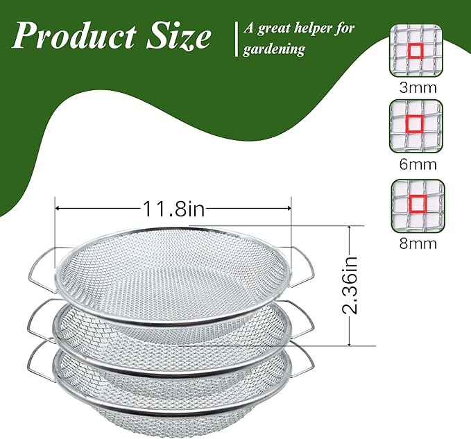 3PCS Soil Sifter for Gardening, Rock Sifter for 5gallon Bucket, Dirt Sifter Compost Sifter, Sifter for Gravel Sawdust Vermicompost, 3mm, 6mm,8mm, Soil Sifter with Handle