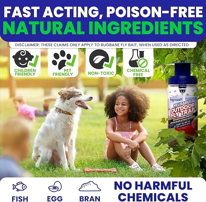 2 Fly Traps Outdoor Fly Trap for Patio with 4 Non-Toxic Dissolvable Bait Refills. Reusable Hanging Bug Catcher Killer for All Filth Flies for Outside Bug Control Yard Ranch. Hanging Chains Included