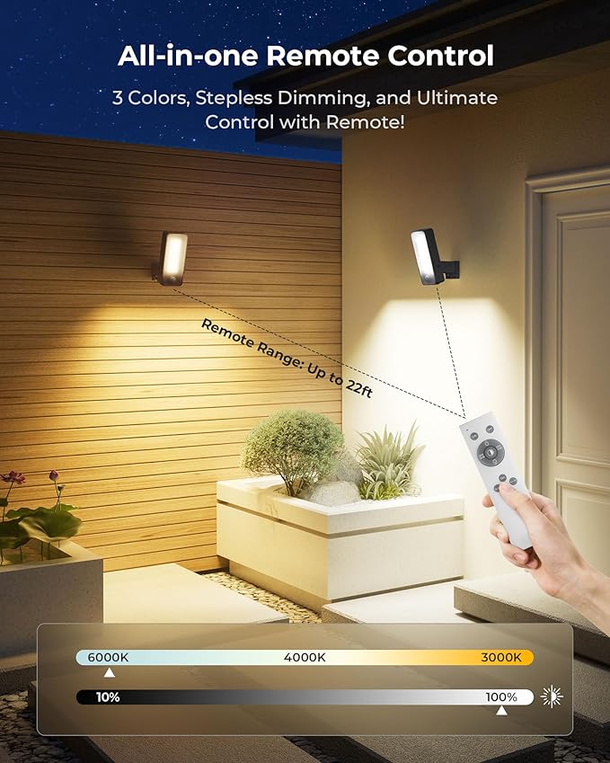 2 Pack Motion Sensor Outdoor Lights, 10000mAh Rechargeable 600 Lumen Battery Operated Outdoor Wall Lights with 3 Modes, 3 Colors, IP65 Waterproof Outdoor Security Lights for Fences, Garage, Patio