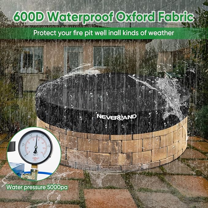 NEVERLAND Round Fire Pit Cover for In-Ground Fire Pits, 61-66 Inch Heavy Duty 600D Waterproof Outdoor Firepit Cover, Fits Built-In Stone Fire Pits, Black