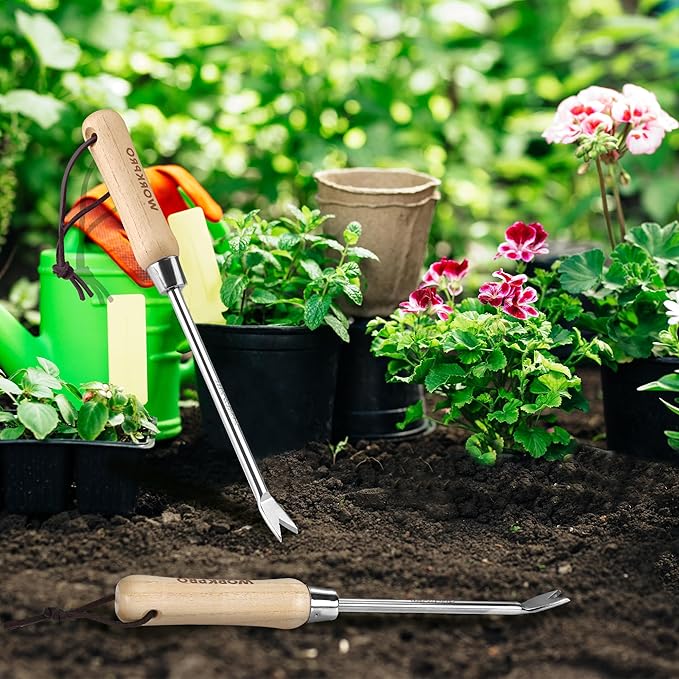 WORKPRO Dandelion Weeder Puller Tool with Wood Handle, Polished Stainless Steel Garden Weed Remover Tool, Two-Pronged Fork Weeder Tool for Lawn Farmland Transplant Gardening Plant Tool