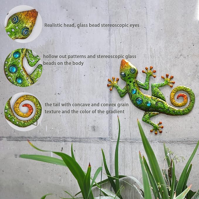 Metal Outdoor Green Gecko Wall Decor Lizard Metal Wall Art Suitable for Decoration Garden Patio Yard 11.5 * 8.5lnch