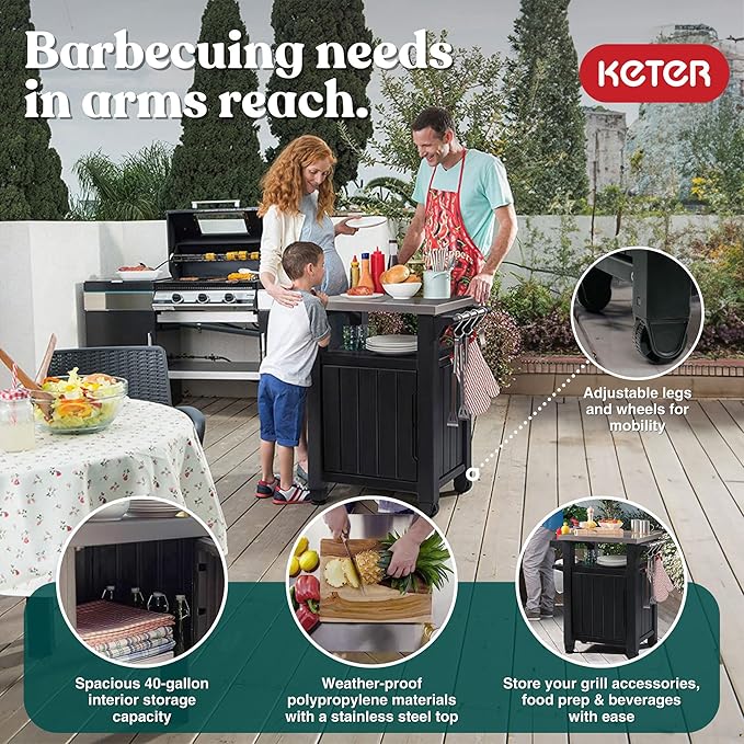 Keter Unity Small 40 Gallon Grill Prep Table and Storage Cart, Grey – BBQ Station with Wheels and Stainless Steel Top, Portable Serving Stand for Patio, Deck, and Backyard